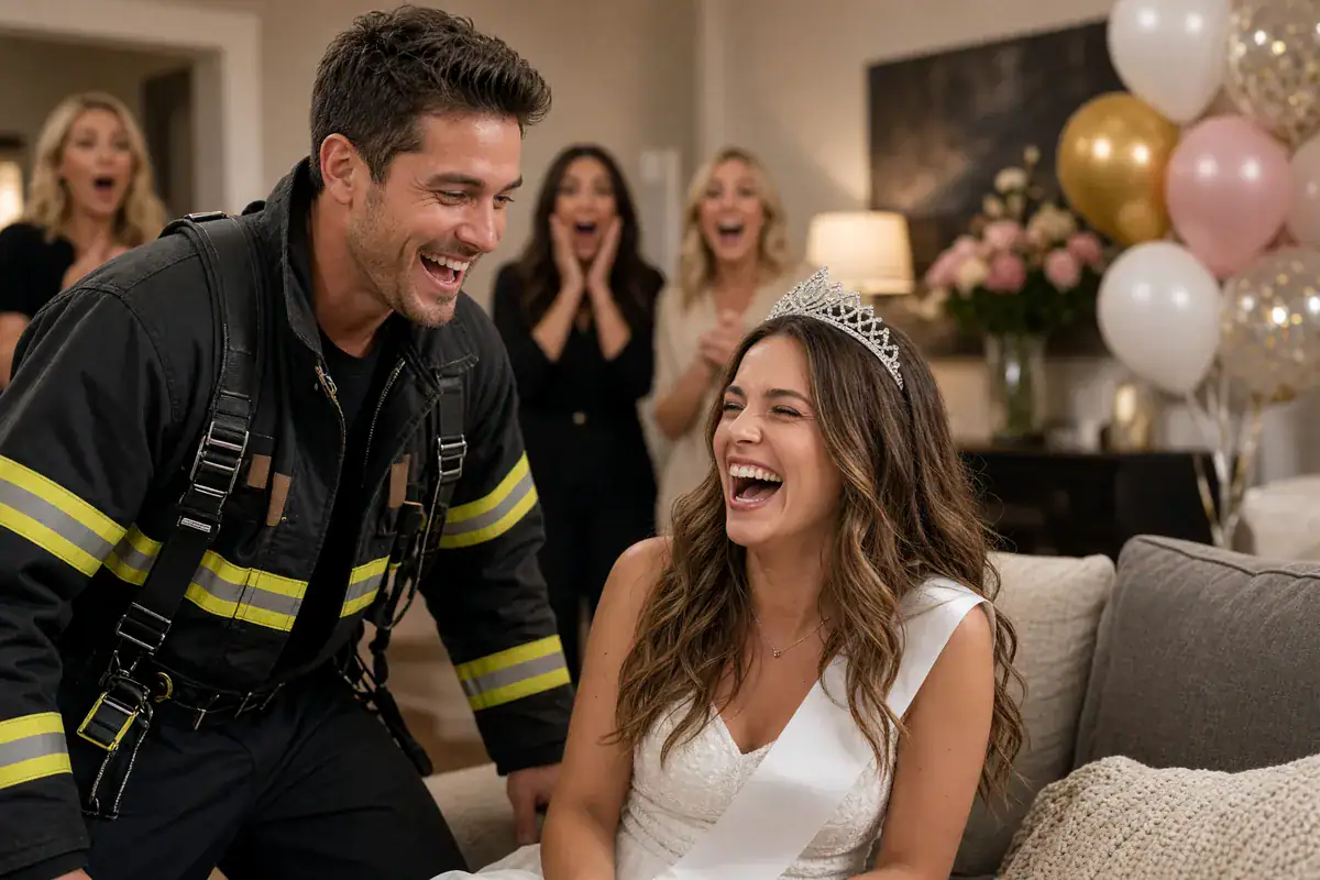 Male entertainer in a firefighter costume surprising a bride-to-be