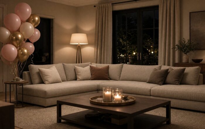 A Kansas City rental living room at night with blush balloons and lamps, empty and ready for guests.