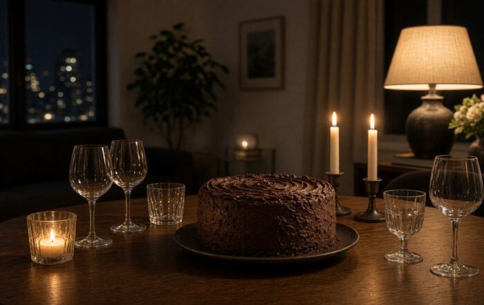 A Kansas City dining table at night with an uncut chocolate cake and candles, no people.