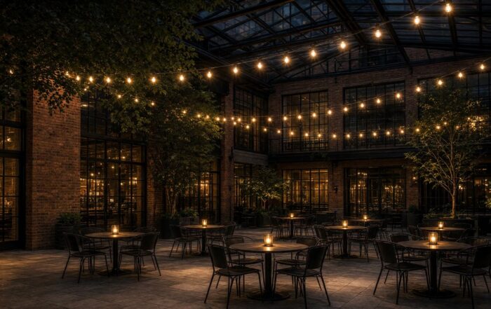 An empty Kansas City courtyard at night with string lights and brick, no people at the tables.