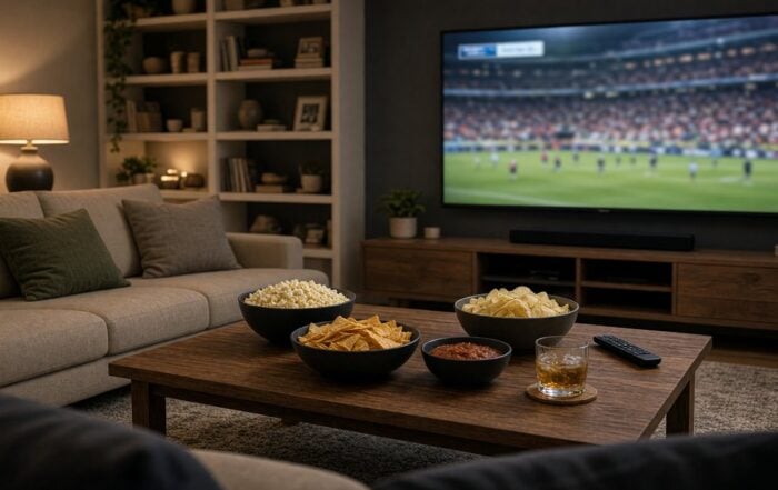 A Kansas City living room set for game day with snacks on the table and a TV on in the background.