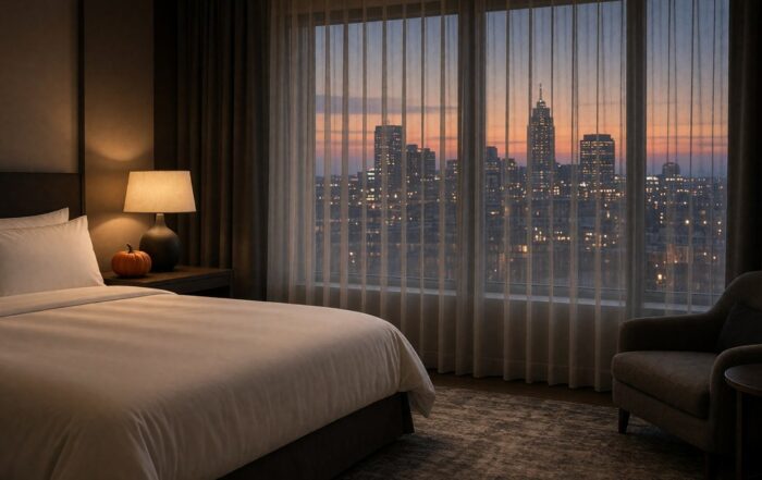 A Kansas City hotel suite at night with a small pumpkin on the table and the skyline in the windows.
