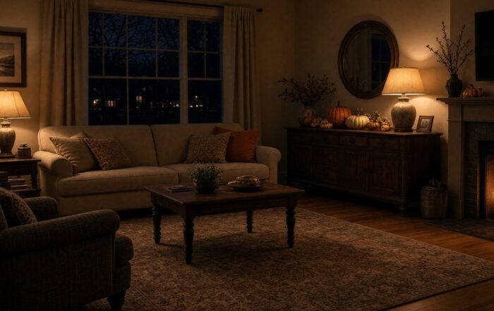 A Kansas City living room set for an adult Halloween night with pumpkins and warm lamps.