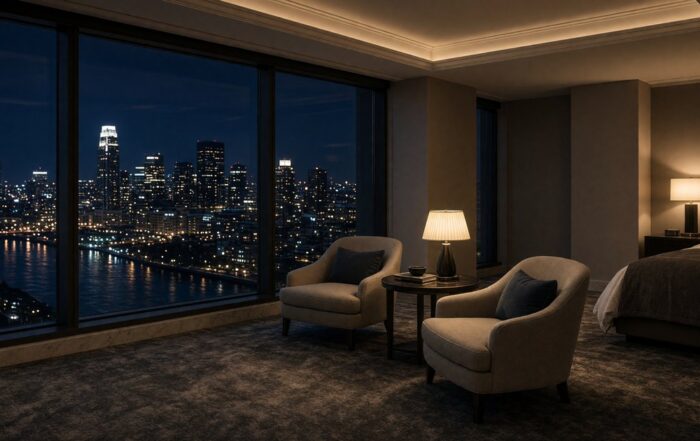 An empty Kansas City hotel suite at night with the downtown skyline in the windows.