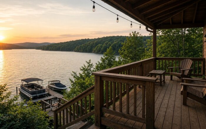 A wooden lake house deck at sunset on a Missouri lake, empty chairs and boats at the dock.