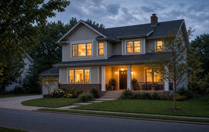 A quiet Overland Park house at dusk with warm windows, the kind of Kansas City-area rental used for a private party.
