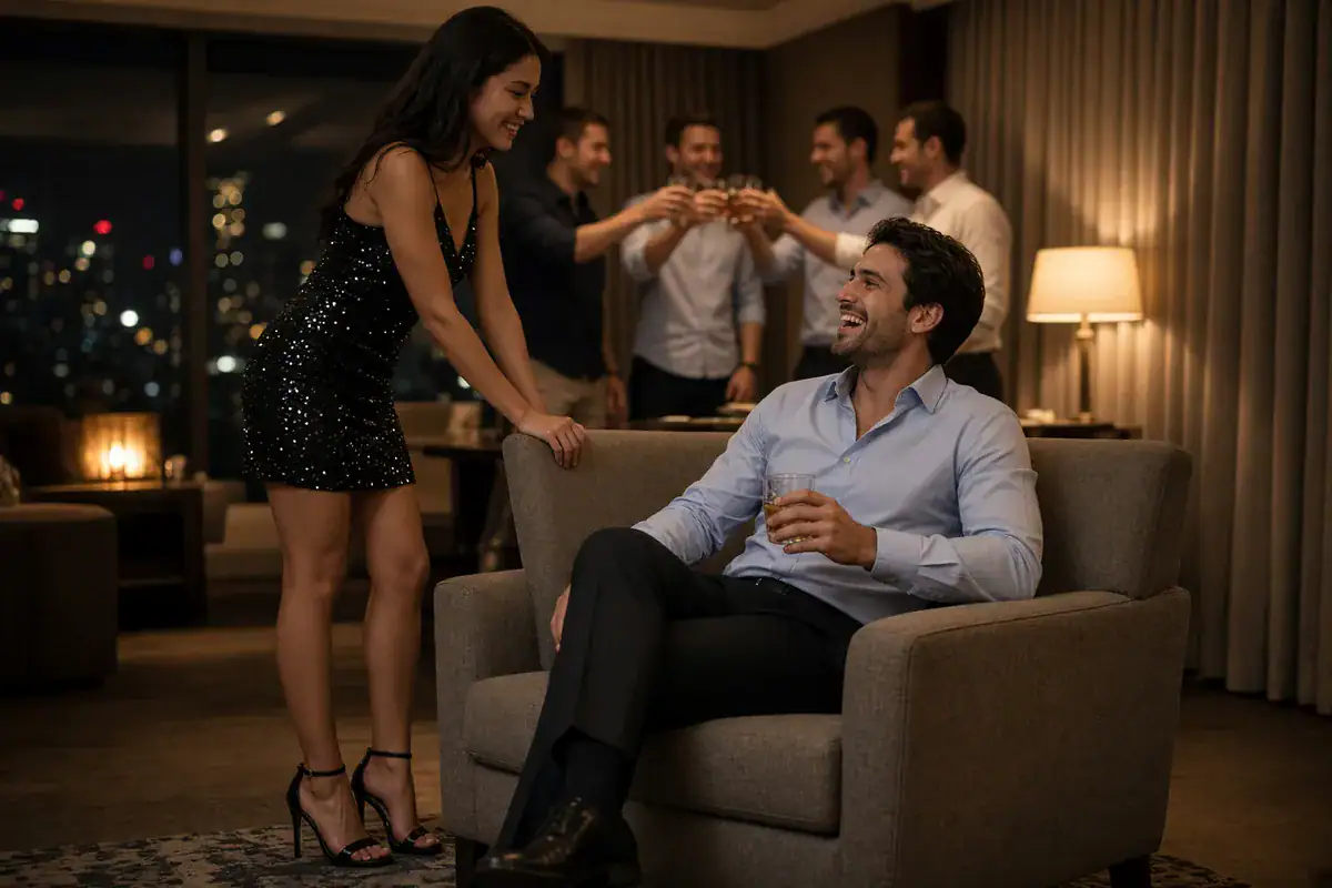 Female dancer entertaining a groom in a chair at a KC bachelor party