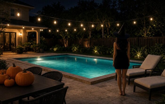 Kissimmee rental pool ready for a private bachelor night | Hot Party Stripper Night pool at a vacation house with string lights and empty lounge chairs
