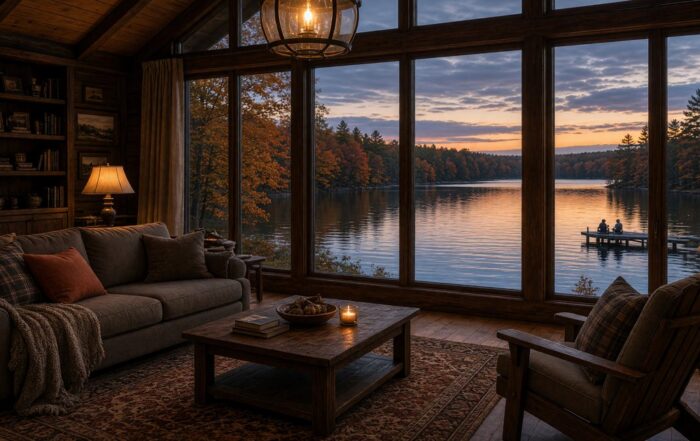 Lake house living room at dusk