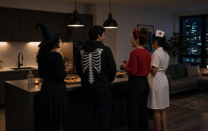 Lake Nona rental kitchen during a mixed costume party | Hot Party Stripper Open kitchen at night with guests in generic Halloween costumes holding drinks