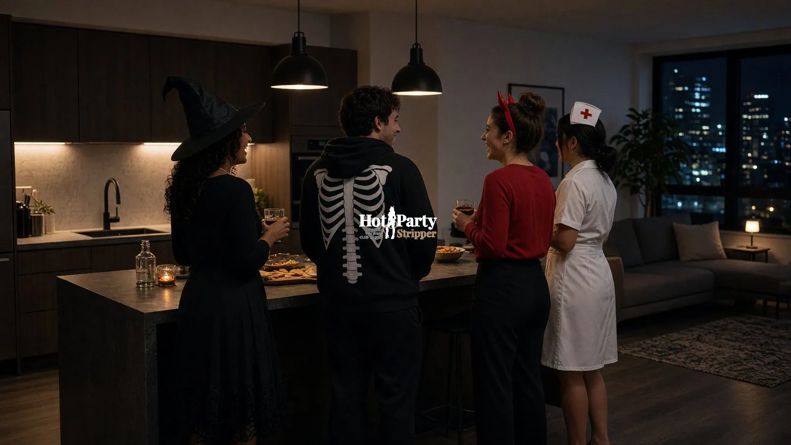 Open kitchen at night with guests in generic Halloween costumes holding drinks