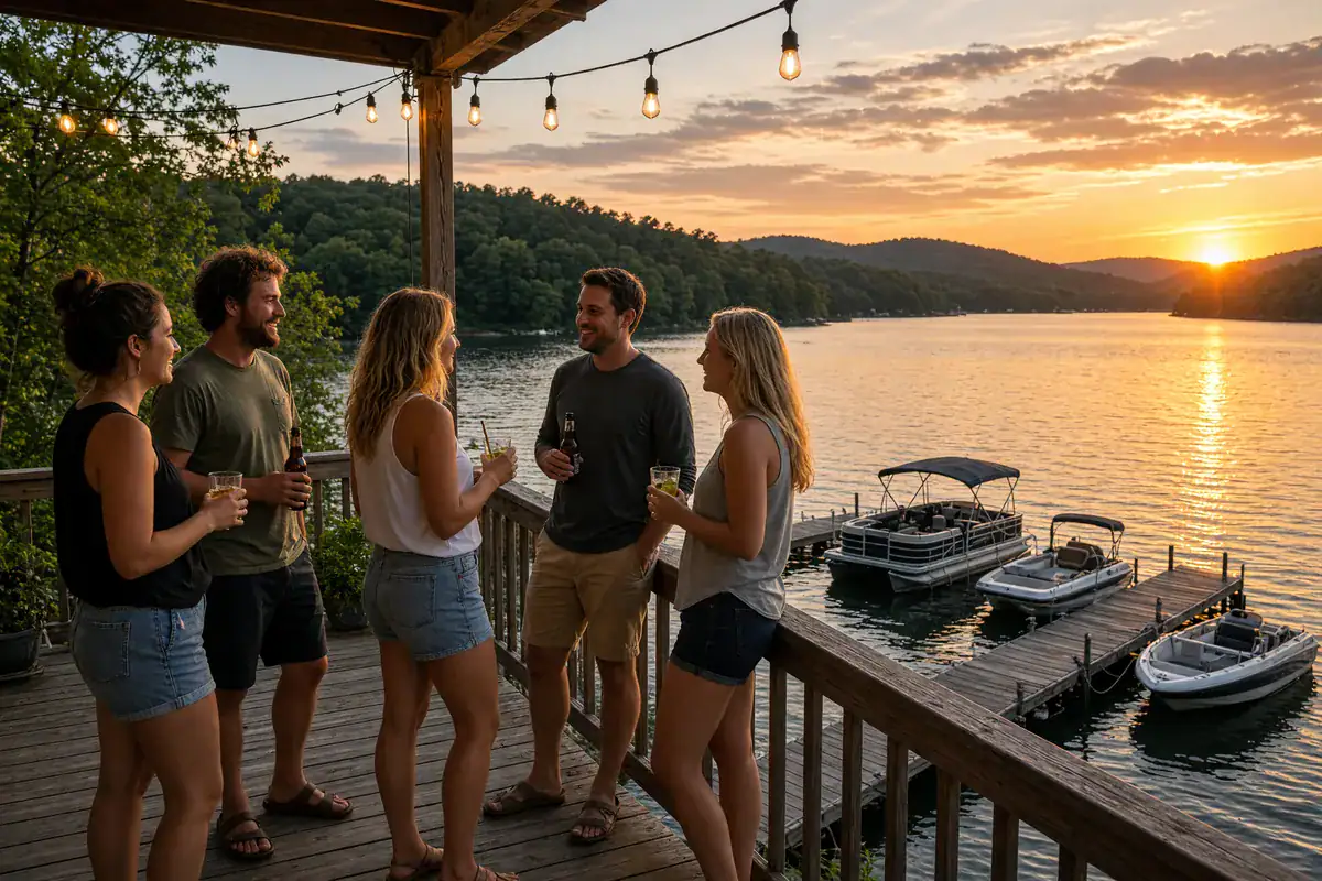 Friends celebrating on a lake house deck at Lake of the Ozarks at sunset