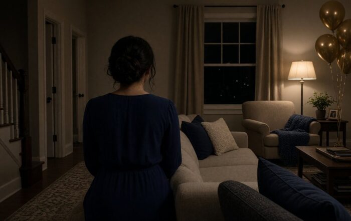 A woman in a navy dress stands in a Lehigh Valley living room with simple gold balloons, seen from behind.