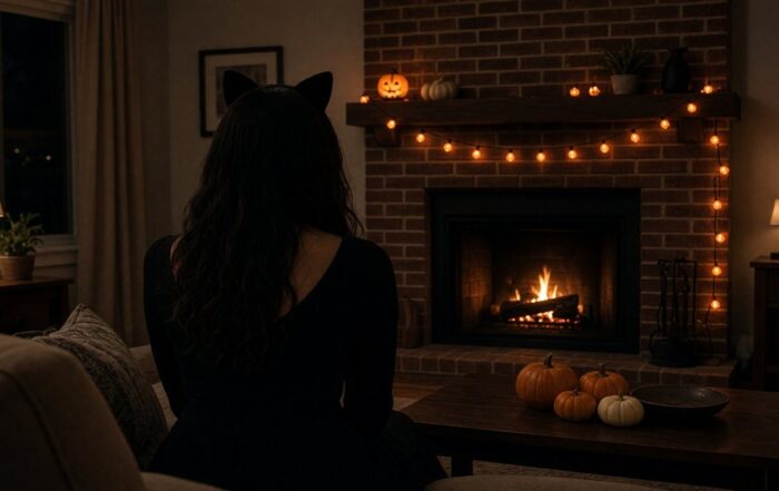 Lehigh Valley Halloween house party | Hot Party Stripper A woman in a black dress and cat-ear headband stands in a Pennsylvania living room with pumpkins and string lights, seen from behind.
