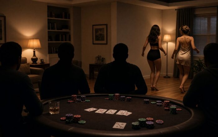 dancers performing beside a living room poker table