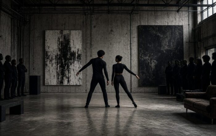 dancers performing in an open loft with concrete floors