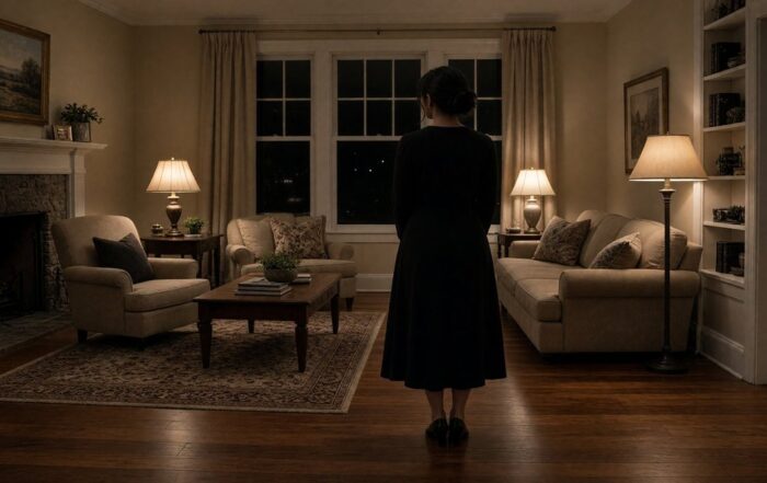 A woman in a black midi dress stands in a Main Line living room at night, seen from behind on hardwood floors.