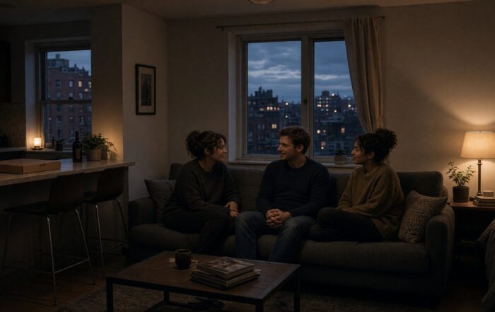 Friends talking on a sofa at dusk