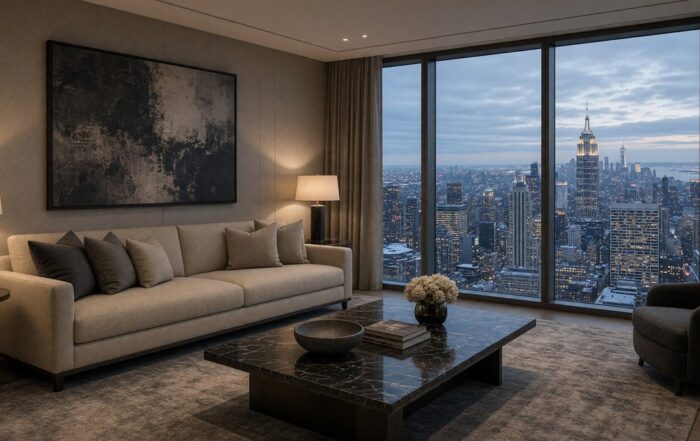 Winter hotel suite with city lights