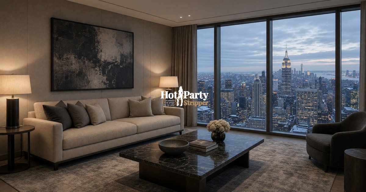 Winter hotel suite with city lights