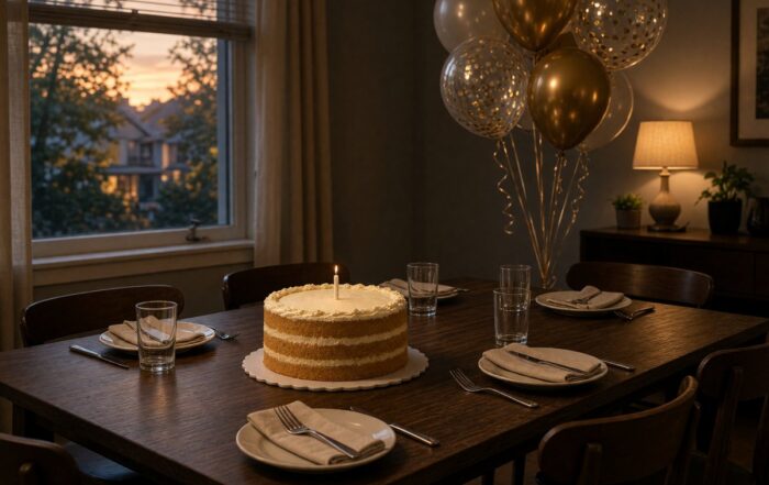 Unlit birthday cake on a Murfreesboro rental dining table with plain balloons