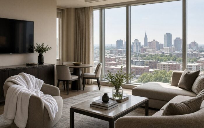 Nashville bachelorette weekend hotel suite | Hot Party Stripper Nashville hotel suite in daylight with robes on a chair and a city view