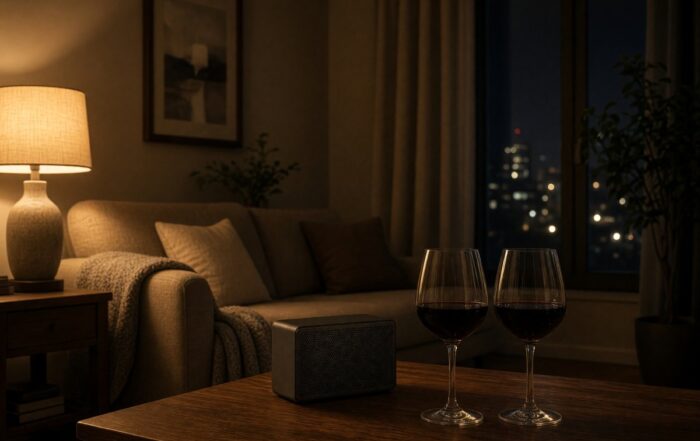 Nashville living room at night with two wine glasses and a warm lamp