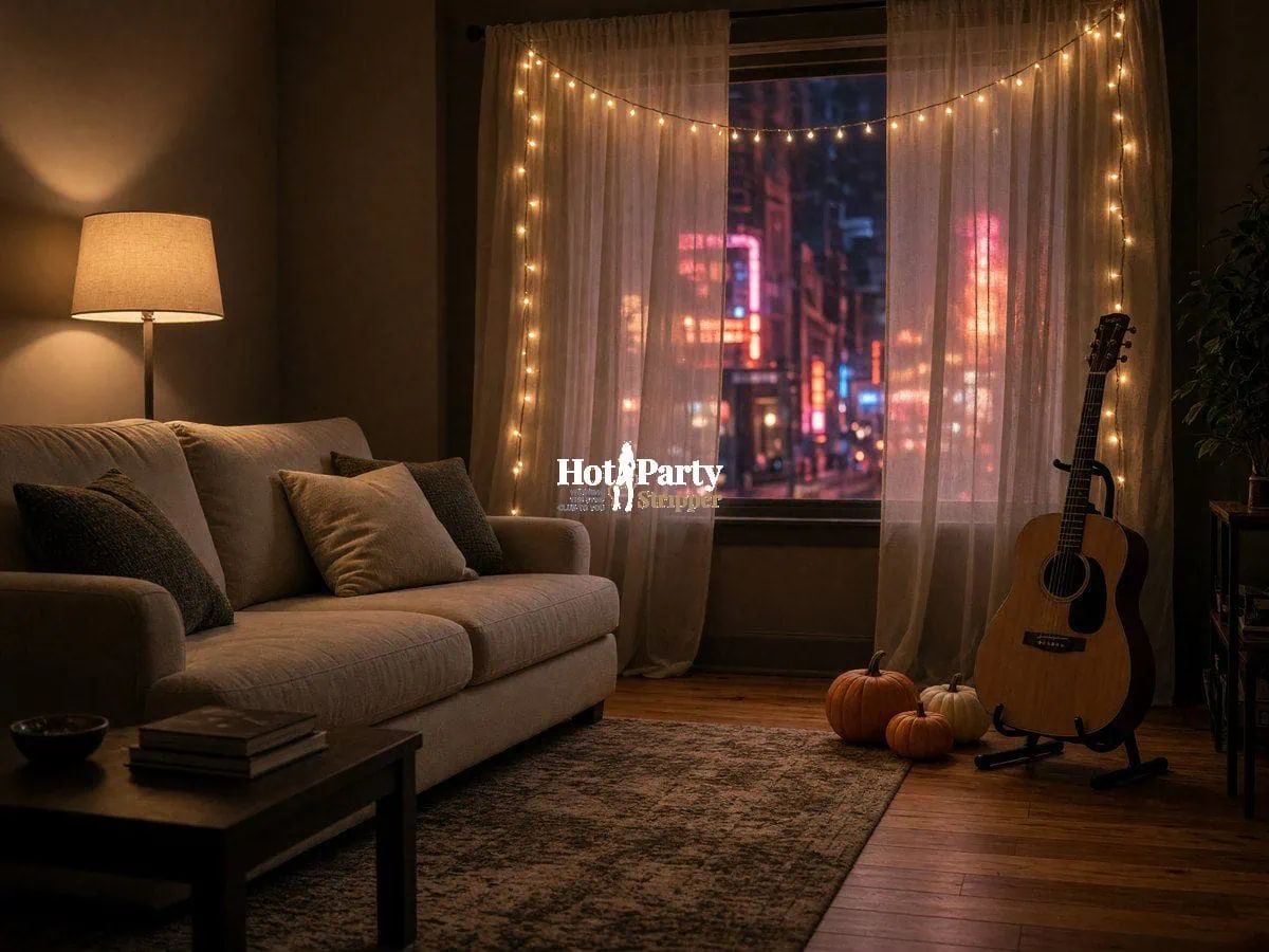 Nashville Halloween bachelor rental at night Empty Nashville Airbnb living room at night with a guitar, pumpkins, and neon glow through the curtains