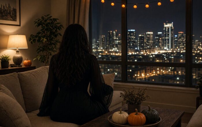 Woman in a black dress sitting on a Nashville rental sofa facing the city lights with pumpkins on the table