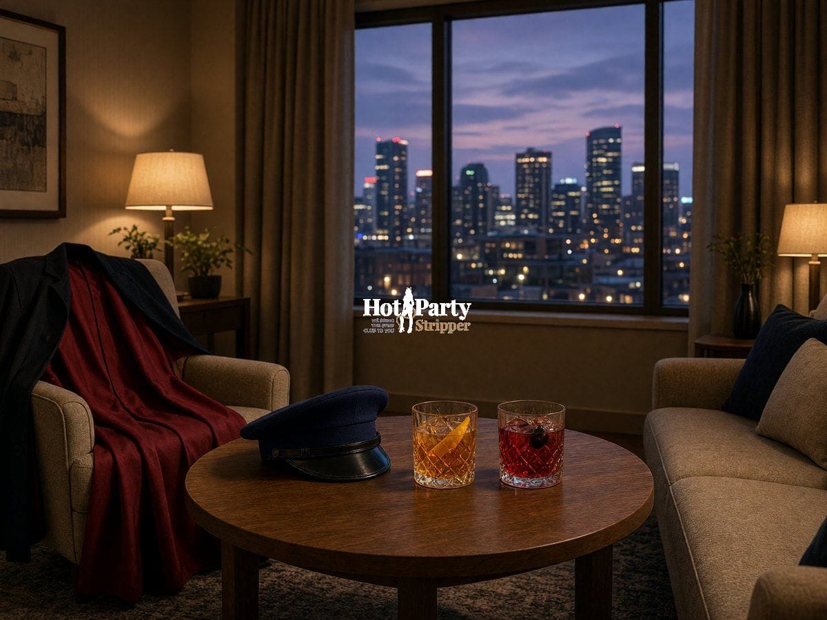 Nashville bachelorette Halloween suite table Hotel suite coffee table with two cocktails, a navy cap, and a red cape on the armchair at dusk