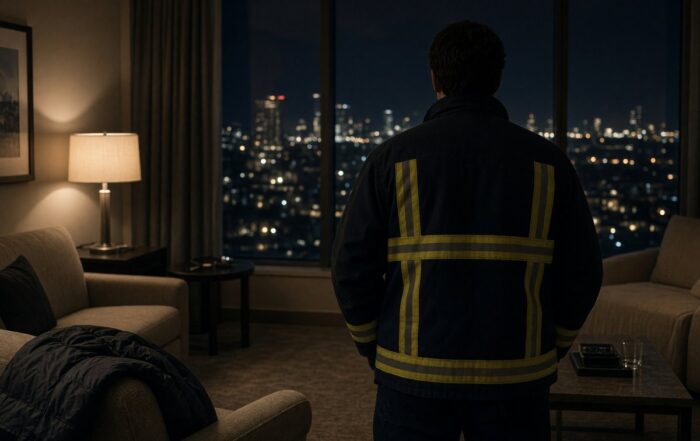 Man in a firefighter jacket facing a hotel window at night with a city skyline and a jacket on the chair