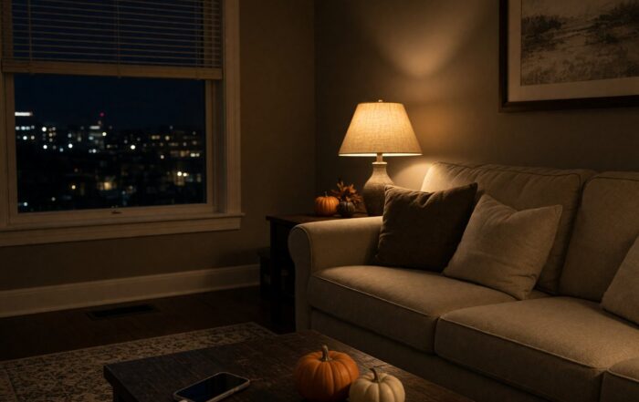 Last-minute Nashville Halloween rental room | Hot Party Stripper Empty Nashville rental living room at night with a lamp, couch, and small pumpkins