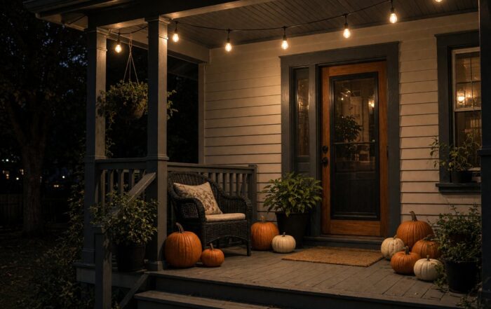 East Nashville bungalow porch at night with pumpkins and string lights