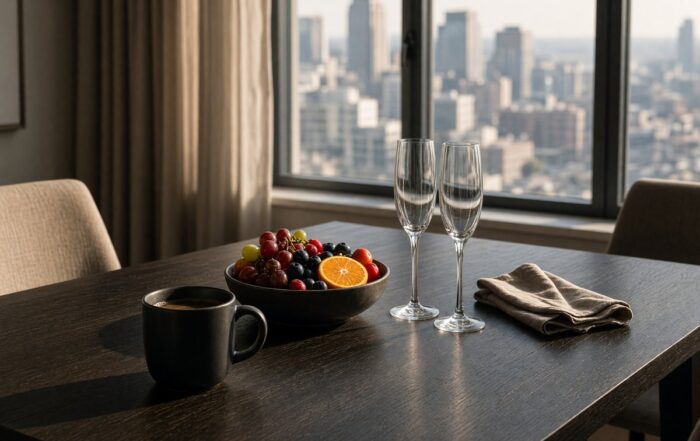Nashville condo brunch table in morning light with coffee, fruit, and empty glasses
