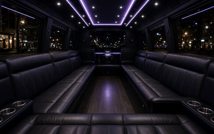 Nashville party bus interior at night | Hot Party Stripper Empty luxury party bus interior at night with leather seats and ceiling lights