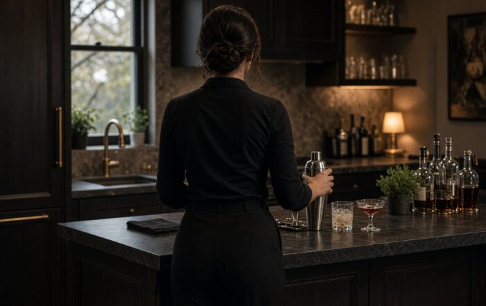 Bartender seen from behind at a Nashville kitchen island with a cocktail shaker