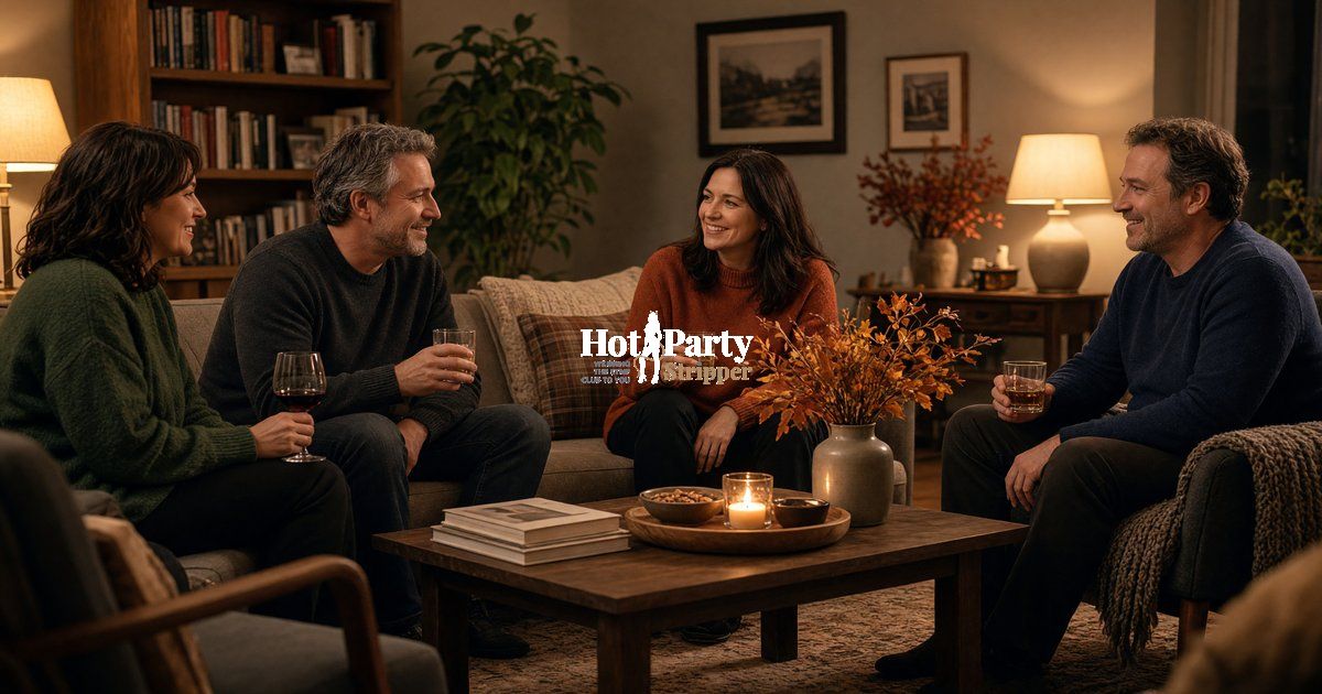 Fall living room party with warm lamps