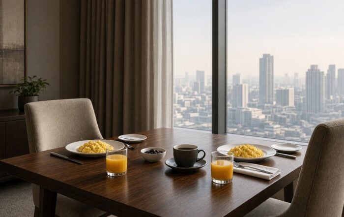 Brunch plates and coffee on a hotel table in morning window light