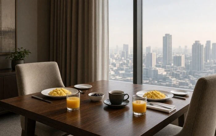 Morning brunch table in a suite after a bachelor night | Hot Party Stripper Brunch plates and coffee on a hotel table in morning window light