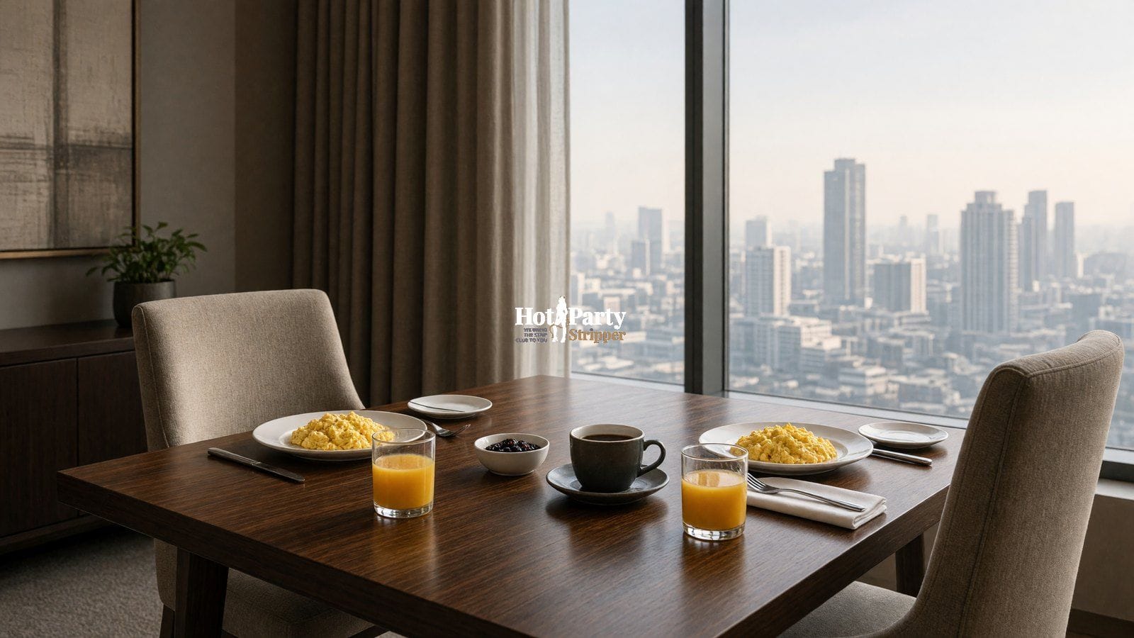 Brunch plates and coffee on a hotel table in morning window light