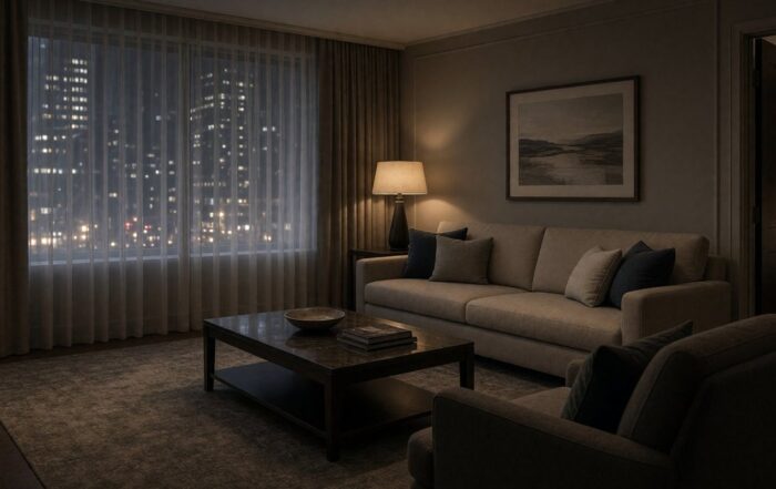 An empty Pennsylvania hotel suite living room at night with a sofa, a low table, and city glow through sheer curtains.