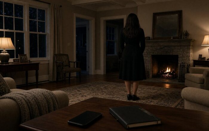A woman in a black dress stands in a Pennsylvania living room at night near a closed notebook, seen from behind.