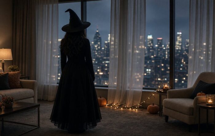 Philadelphia Halloween bachelor party suite | Hot Party Stripper A woman in a long black witch costume stands in a Philadelphia hotel suite at night, seen from behind looking at the skyline.