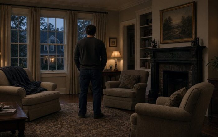 A man in a dark sweater and jeans stands in a Main Line living room at dusk, seen from behind facing the windows.