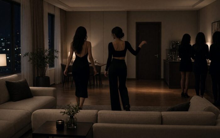 dancers performing in a quiet living room for a small group
