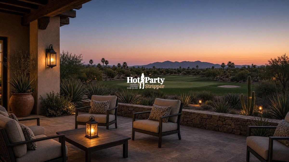 Empty Scottsdale patio at dusk after a golf day