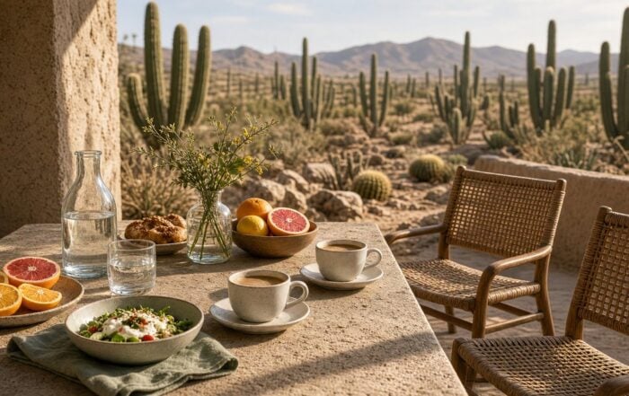 Brunch table on a sunny Scottsdale patio with citrus
