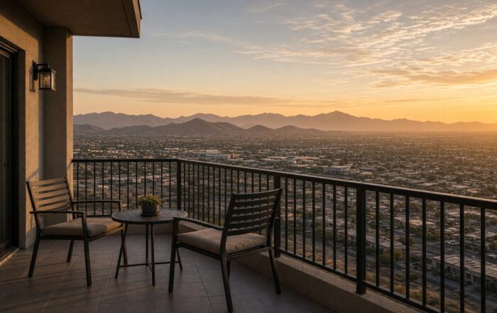 Balcony toward desert mountains | Hot Party Stripper Condo balcony looking toward Scottsdale mountains at golden hour