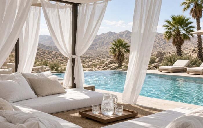 Empty day-club cabana beside a bright Scottsdale pool