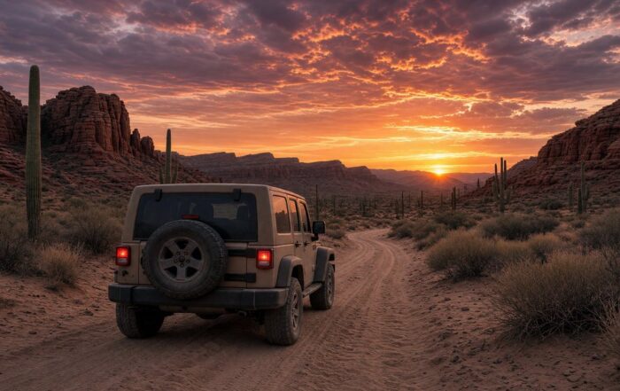 Jeep on a desert trail at sunset near Scottsdale